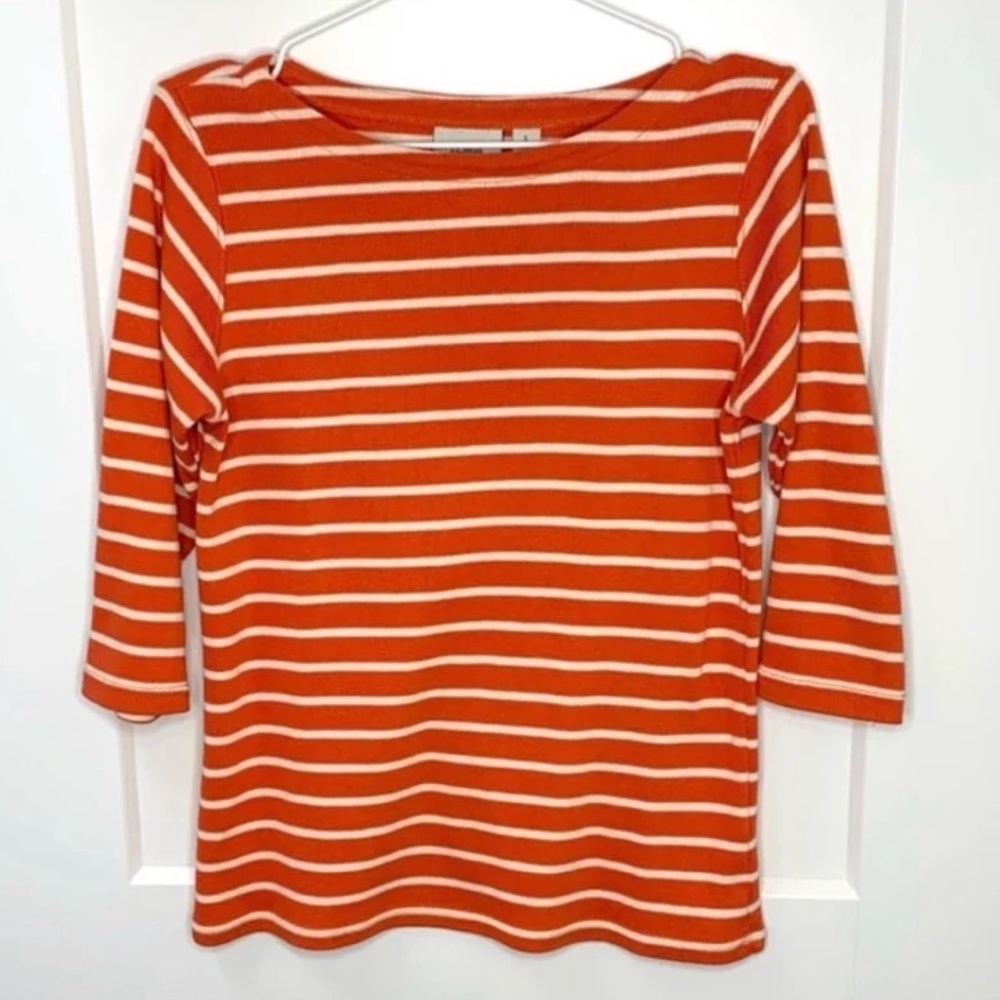 L.L. Bean Orange and White Striped Boatneck Knit Top